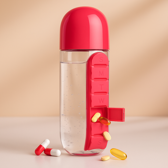 2-in-1 Water Bottle with 7-Day Pill Organizer – Portable, Leakproof & Travel-Friendly