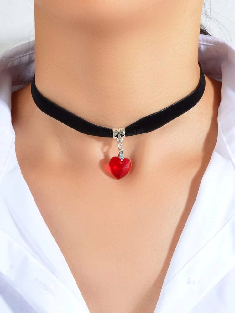Gothic Style Black Velvet Choker Heart Charm Necklace Punk Halloween Accessories-6