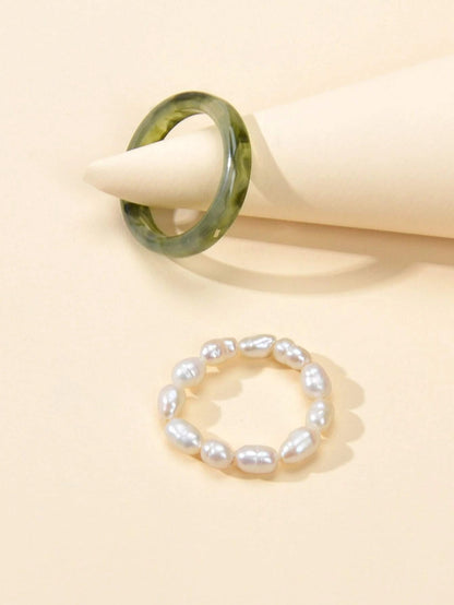 2pcs Pearl Elastic Retro Green Red Acrylic Ring-1
