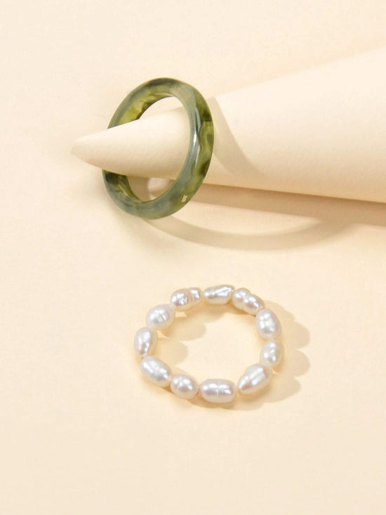 2pcs Pearl Elastic Retro Green Red Acrylic Ring-1