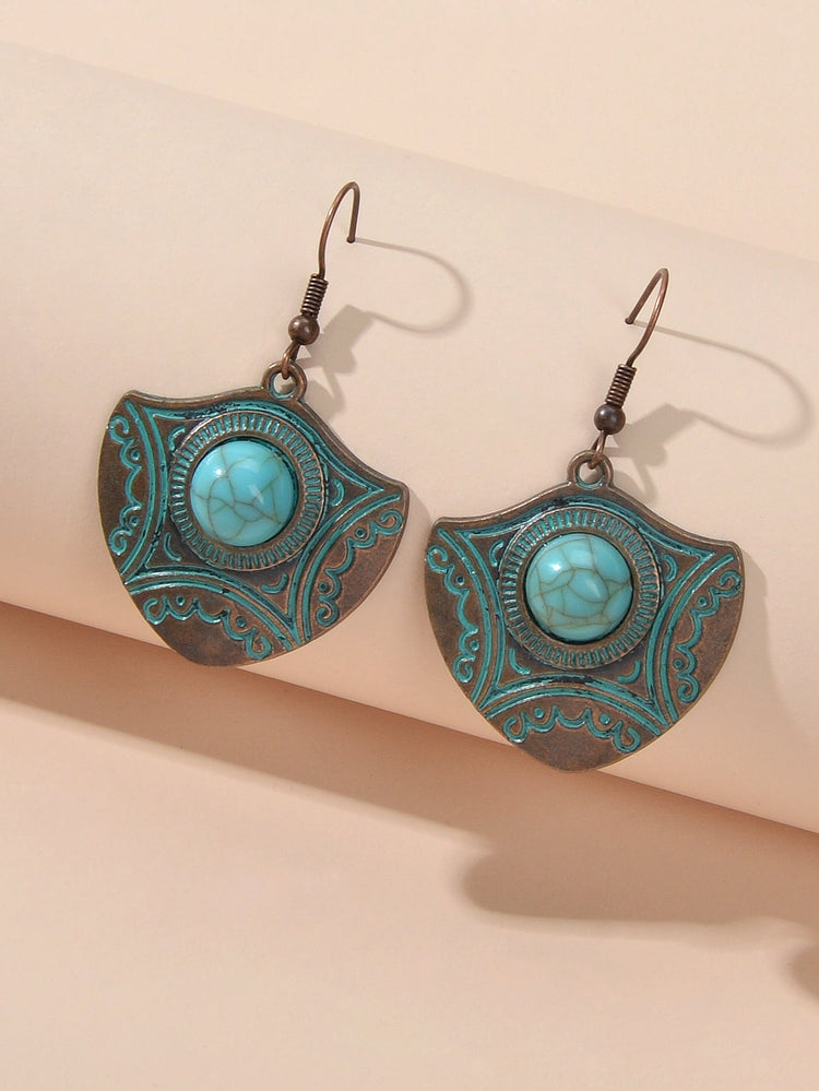 Oxidized Traditional Jewellery Beads Carved Geometric Dangle Vintage Earrings-2