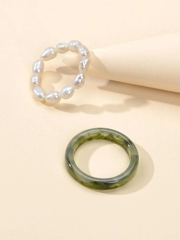 2pcs Pearl Elastic Retro Green Red Acrylic Ring-2