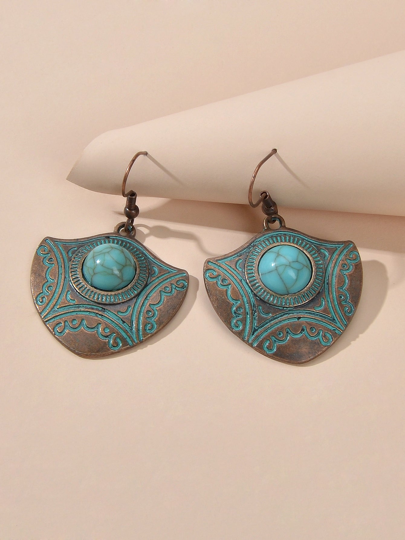 Oxidized Traditional Jewellery Beads Carved Geometric Dangle Vintage Earrings-3