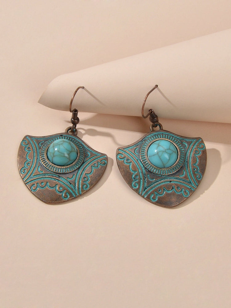 Oxidized Traditional Jewellery Beads Carved Geometric Dangle Vintage Earrings-3