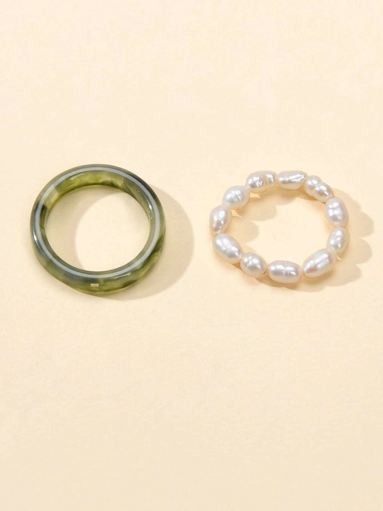 2pcs Pearl Elastic Retro Green Red Acrylic Ring-3