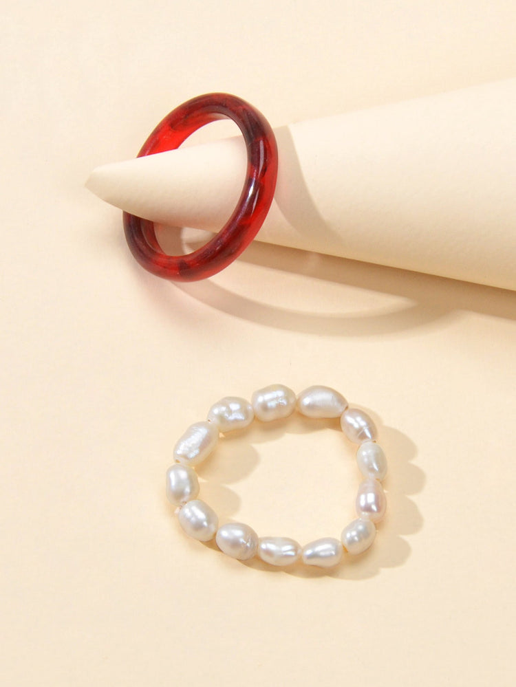 2pcs Pearl Elastic Retro Green Red Acrylic Ring-5