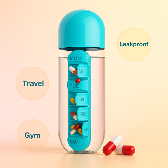2-in-1 Water Bottle with 7-Day Pill Organizer – Portable, Leakproof & Travel-Friendly